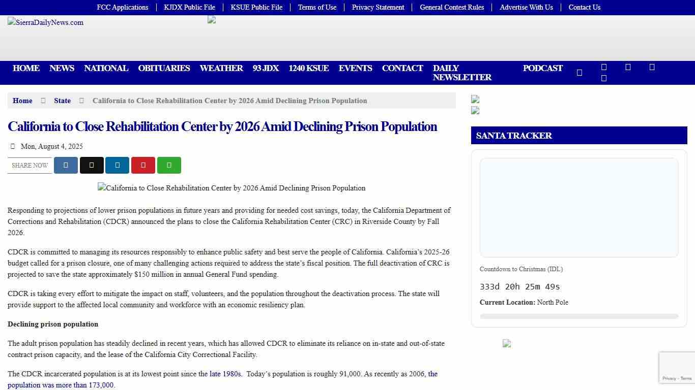 California to Close Rehabilitation Center by 2026 Amid Declining Prison Population - SierraDailyNews.com