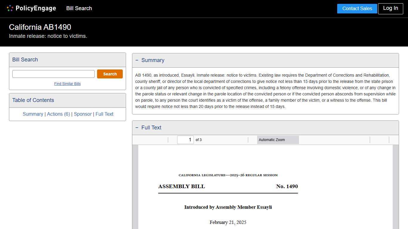 AB1490 California 2025-2026 Inmate release: notice to victims. - Legislative Tracking PolicyEngage